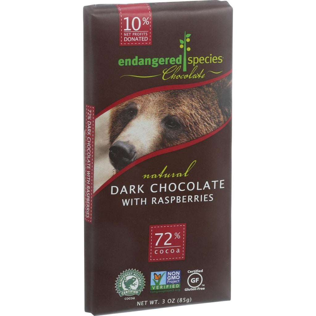 Endangered Species Natural Chocolate Bars - Dark Chocolate - 72 Percent Cocoa - Raspberries - 3 Oz Bars - Case Of 12