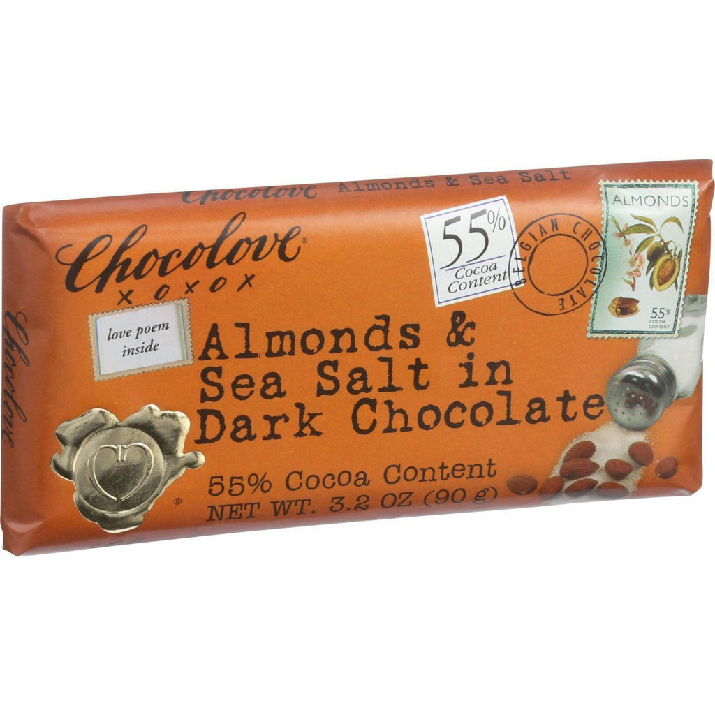 Chocolove Xoxox Premium Chocolate Bar - Dark Chocolate - Almonds And Sea Salt - 3.2 Oz Bars - Case Of 12