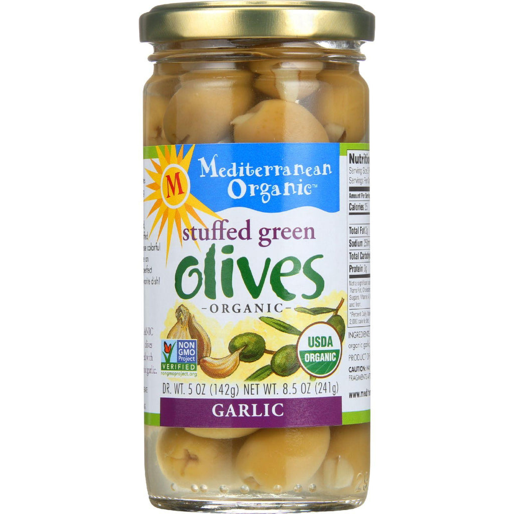 Mediterranean Organic Olives - Organic - Green - Stuffed - Garlic - 8.5 Oz - Case Of 12