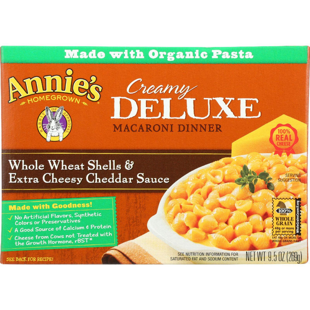 Annies Homegrown Macaroni Dinner - Creamy Deluxe - Whole Wheat Shells And Extra Cheesy Cheddar Sauce - 9.5 Oz - Case Of 12