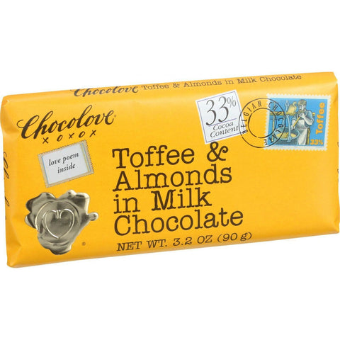 Chocolove Xoxox Premium Chocolate Bar - Milk Chocolate - Toffee And Almonds - 3.2 Oz Bars - Case Of 12
