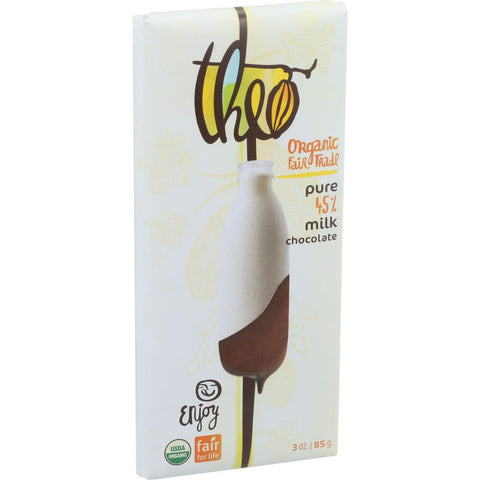 Theo Chocolate Organic Chocolate Bar - Classic - Milk Chocolate - 45 Percent Cacao - Pure - 3 Oz Bars - Case Of 12