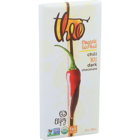 Theo Chocolate Organic Chocolate Bar - Classic - Dark Chocolate - 70 Percent Cacao - Chili - 3 Oz Bars - Case Of 12