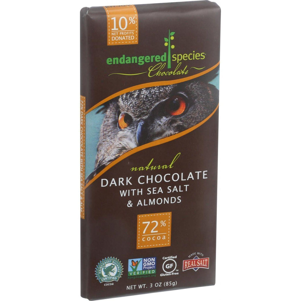 Endangered Species Natural Chocolate Bar - Dark Chocolate - 72 Percent Cocoa - Sea Salt And Almonds - 3 Oz Bars - Case Of 12