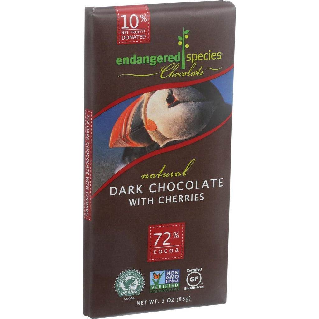 Endangered Species Natural Chocolate Bars - Dark Chocolate - 72 Percent Cocoa - Cherries - 3 Oz Bars - Case Of 12