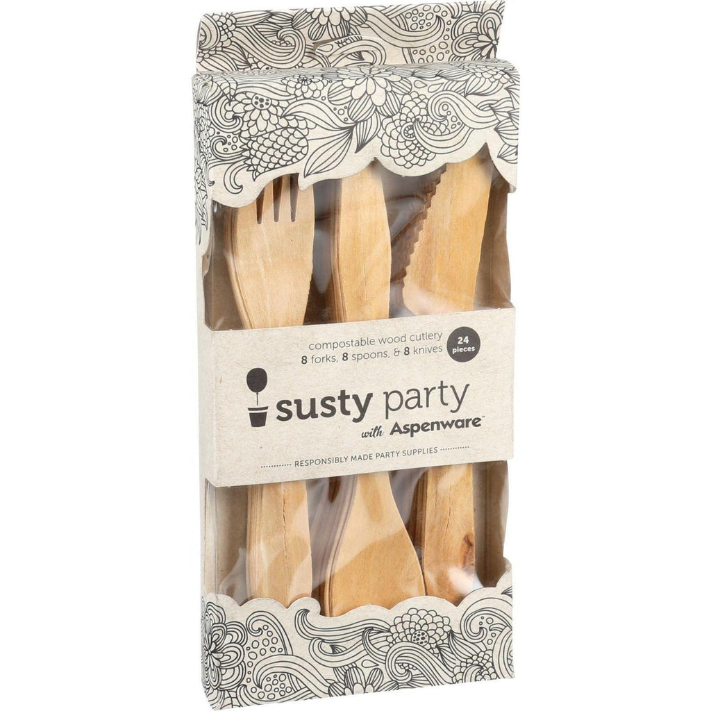 Susty Party Cutlery - Compostable - Wood - Plain - Forks Knives Spoons - 24 Count - Case Of 4
