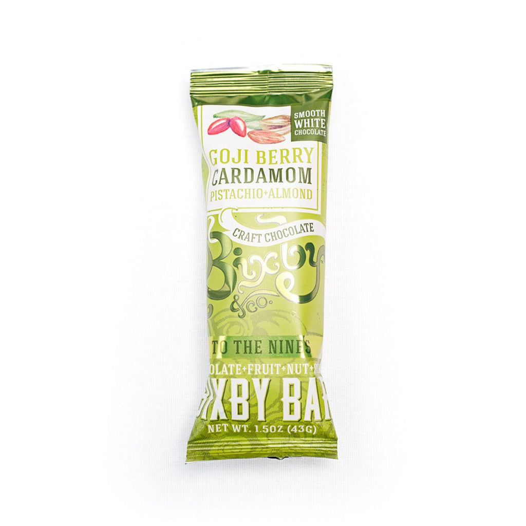 Bixby Bar - To The Nines - White Chocolate - Goji Berry Cardamom Pistachio Almond - 1.5 Oz Bars - Case Of 12