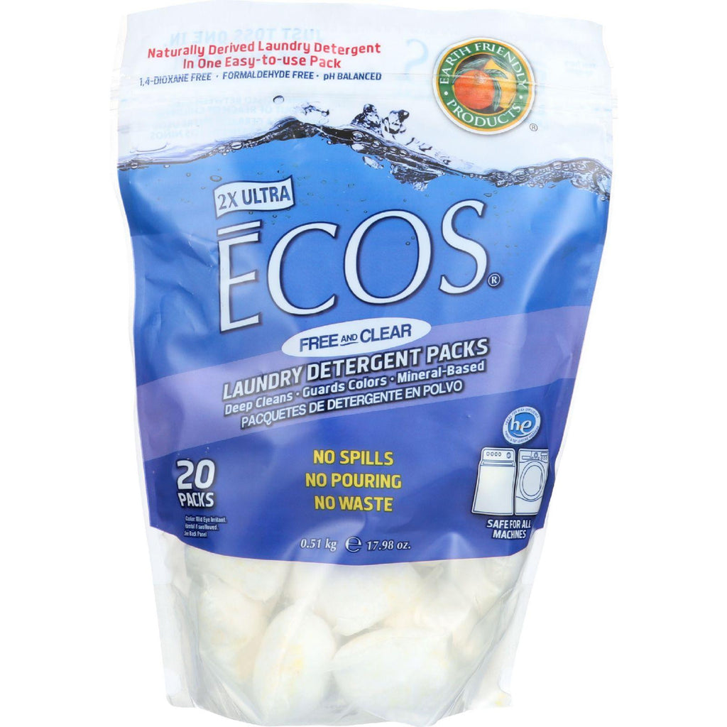 Earth Friendly Laundry Detergent Packs - Ultra Liq Ecos - 20 Pods - Free And Clear - 17.98 Oz - Case Of 6