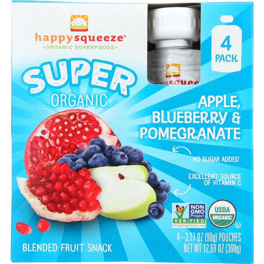 Happy Squeeze Fruit Snack - Organic - Blended - Super - Apple Blueberry And Pomegranate - 4-3.17 Oz - Case Of 4