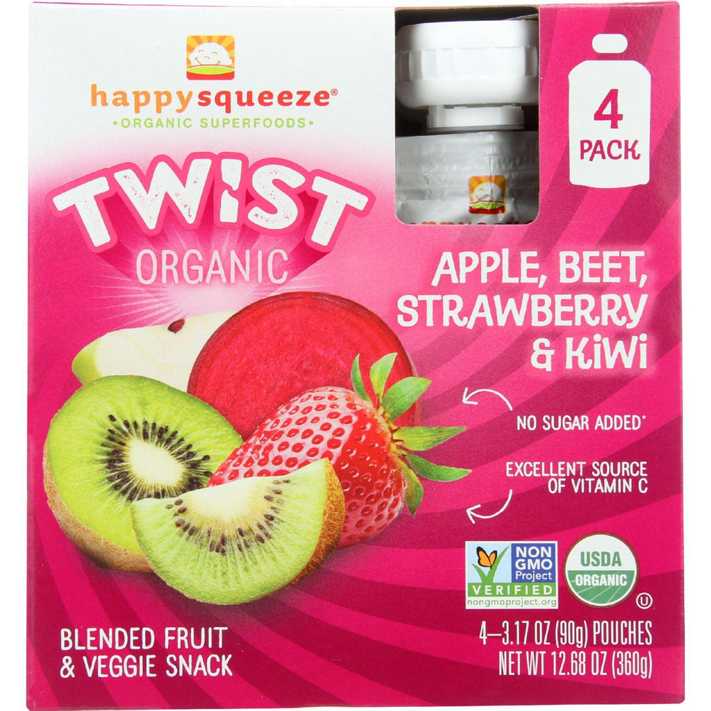 Happy Squeeze Fruit And Veggie Snack - Organic - Blended - Twist - Apple Beet Strawberry And Kiwi - 4-3.17 Oz - Case Of 4